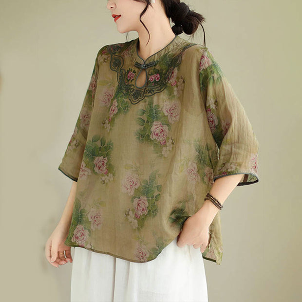Buddha Stones Light Green Rose Flower Embroidery Design Three Quarter Sleeve Ramie Linen Shirt