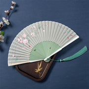  Buddha Stones Lotus Begonia Flower Jasmine Handheld Silk Bamboo Folding Fan 21cm 7