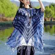 Buddha Stones Blue Striped Floral Indigo Dyeing Shawl Tassels Cozy Pullover 90*95cm 1