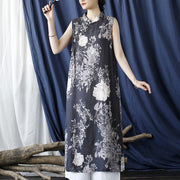 Buddha Stones Ancient Ramie Linen Flowers Printing Cheongsam Dresses Sleeveless Dress 15