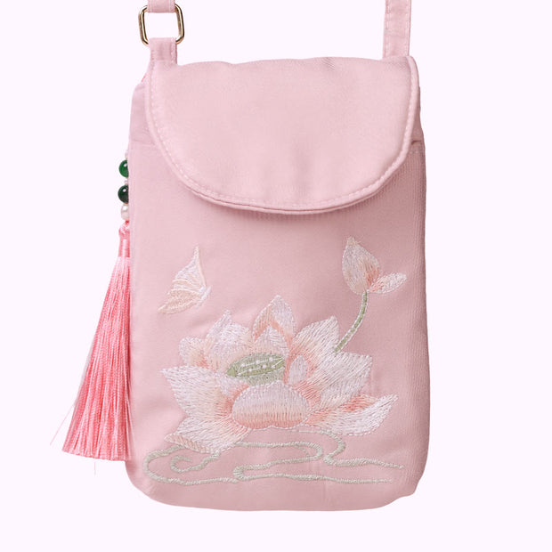 Buddha Stones Small Embroidered Flowers Crossbody Bag Shoulder Bag Double Layer Cellphone Bag