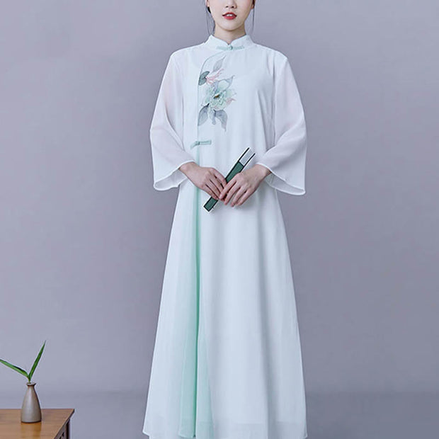 Buddha Stones 2Pcs Flower Three Quarter Sleeve Midi Dress Skirt Chiffon Zen Clothing Women's Set Women's Meditation Cloth BS Dress(Dress Only) 2XL(Fit for US6; UK/AU10; EU38)