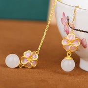 Buddha Stones 925 Sterling Silver Natural Hetian White Jade Cherry Blossom Sakura Luck Necklace Pendant Ring Earrings Set Bracelet Necklaces & Pendants BS 8