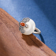 Buddha Stones 925 Sterling Silver Hetian Jade Red Agate Bat Prosperity Ring Earrings Set