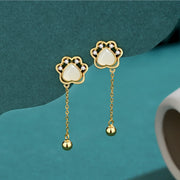 Buddha Stones 925 Sterling Silver Hetian Jade Cute Cat Paw Luck Necklace Pendant Bracelet Earrings Set Bracelet Necklaces & Pendants BS Gold Earrings