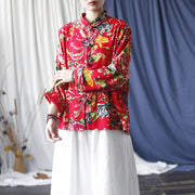 Buddha Stones Ethnic Red Flower Peony Frog-Button Cotton Linen Long Sleeve Shirt Jacket With Pockets