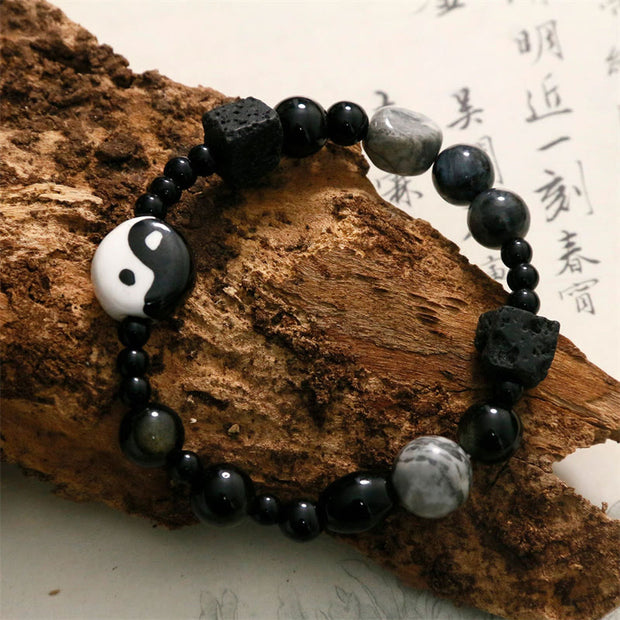 FREE Today: Protection And Willpower Black Onyx Picasso Jasper Bead Yin Yang Bracelet