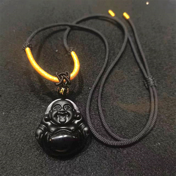 Buddha Stones Natural Black Obsidian Ice Obsidian Laughing Buddha Purification Necklace Pendant Necklaces & Pendants BS Black Obsidian Black Rope