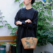 Buddha Stones Vintage Bamboo Magpie Peony Butterfly Large Capacity Shoulder Bag Handbag Shoulder Bag BS 5