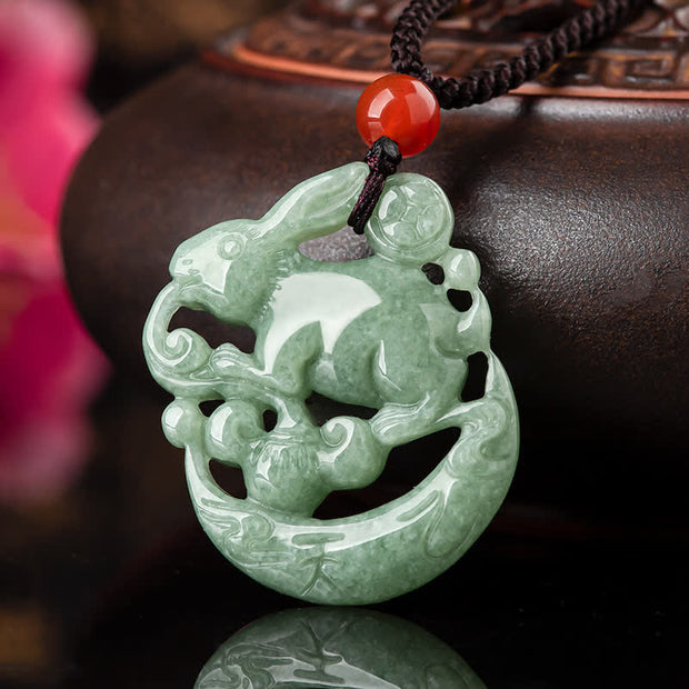 Year of the Rabbit Jade Luck Crescent Mooon Necklace Pendant