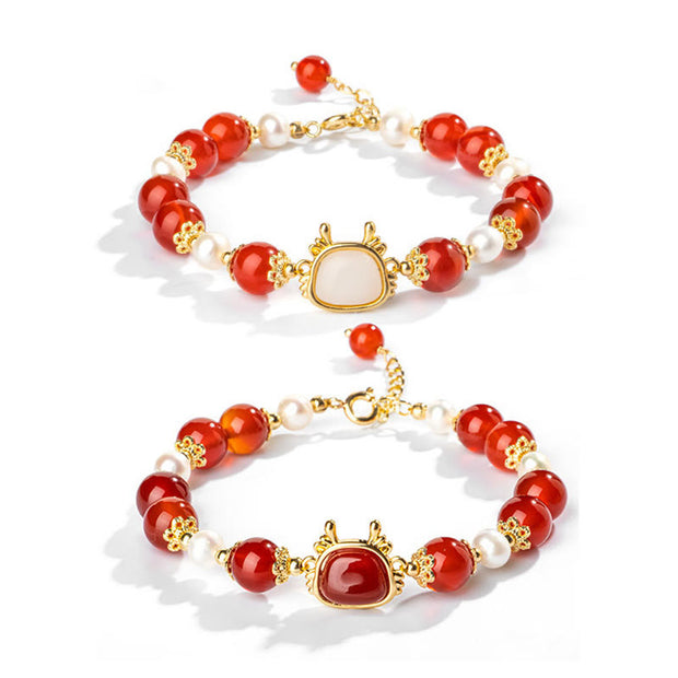 Buddha Stones 14K Gold Plated Year Of The Dragon Natural Red Agate Pearl Protection Fu Character Chain Bracelet (Extra 30% Off | USE CODE: FS30) Bracelet BS 1