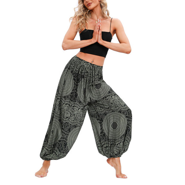 Buddha Stones Casual Loose Round Rose Pattern Harem Trousers Women's Yoga Pants
