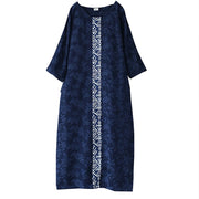 Buddha Stones Blue Flowers Embroidery Jacquard Midi Dress Three Quarter Sleeve Cotton Dress With Pockets 20