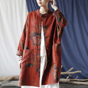 Buddha Stones Orange Peony Flower Cotton Linen Frog-Button Open Front Jacket With Pockets 6