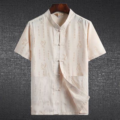 Buddha Stones Frog-Button Fu Character Dragon Bamboo Leaf Chinese Tang Suit Short Sleeve Shirt Linen With Pockets