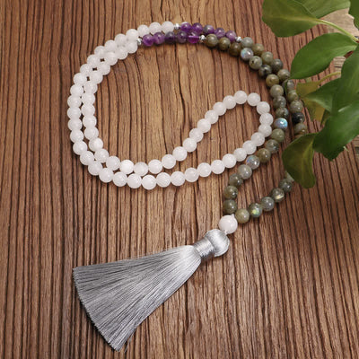 Buddha Stones 108 Mala Beads White Agate Amethyst Black Glitter Stone Protection Bracelet (Extra 35% Off | USE CODE: FS35) - image 0
