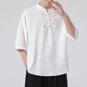 Buddha Stones Frog-Button Plaid Pattern Chinese Tang Suit Half Sleeve Shirt Cotton Linen Men Clothing Men's Shirts BS 26