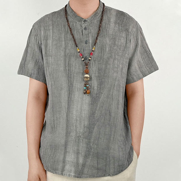 Buddha Stones Solid Color Short Sleeve Button Shirt Linen Men Clothing