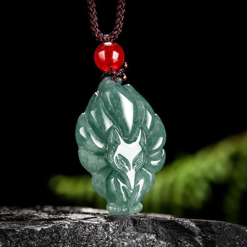 Buddha Stones Natural Green Jade Nine Tailed Fox Luck Necklace