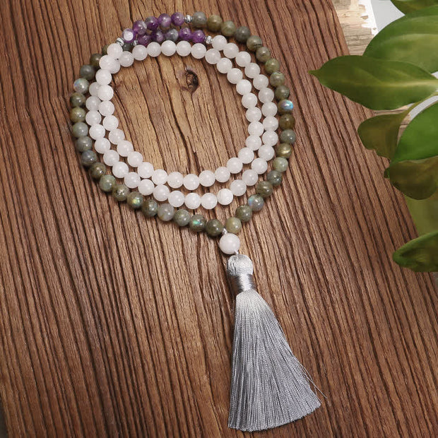 Buddha Stones 108 Mala Beads White Agate Amethyst Black Glitter Stone Protection Bracelet (Extra 35% Off | USE CODE: FS35) - image 1