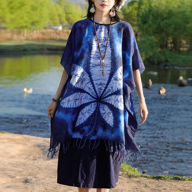 Buddha Stones Blue Batik Shawl Tassels Maple Leaf Cozy Travel Pullover 95*90cm 10