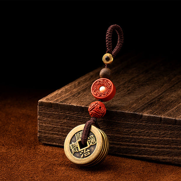 Buddha Stones Feng Shui Five Emperor Coins Luck Bodhi Seed Money Wealth Keychain
