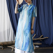 Buddha Stones Ramie Blue Digital Printing Cheongsam Dresses Short Sleeve Linen Dress 8