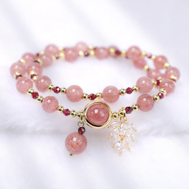 Buddha Stones Natural Strawberry Quartz Love Healing Maple Leaf Charm Double Wrap Bracelet