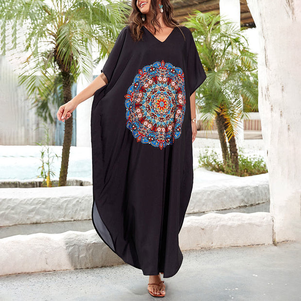 Buddha Stones Mandala Flower V-Neck Batwing Sleeve Maxi Dress Loose Cover-Up Outfits