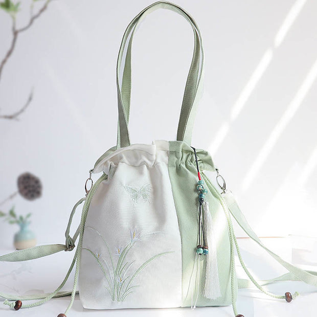 Buddha Stones Embroidered Grass Flowers Cherry Blossom Canvas Tote Crossbody Bag Shoulder Bag Handbag Crossbody Bag BS Green White Grass 28*30cm