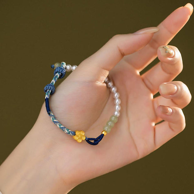 Buddha Stones 925 Sterling Silver Hetian Jade Peach Blossom Flower Pearl Braided Luck Bracelet 6