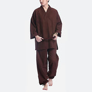 Buddha Stones Meditation Prayer V-neck Design Cotton Linen Spiritual Zen Practice Yoga Clothing Men's Set Clothes BS 3