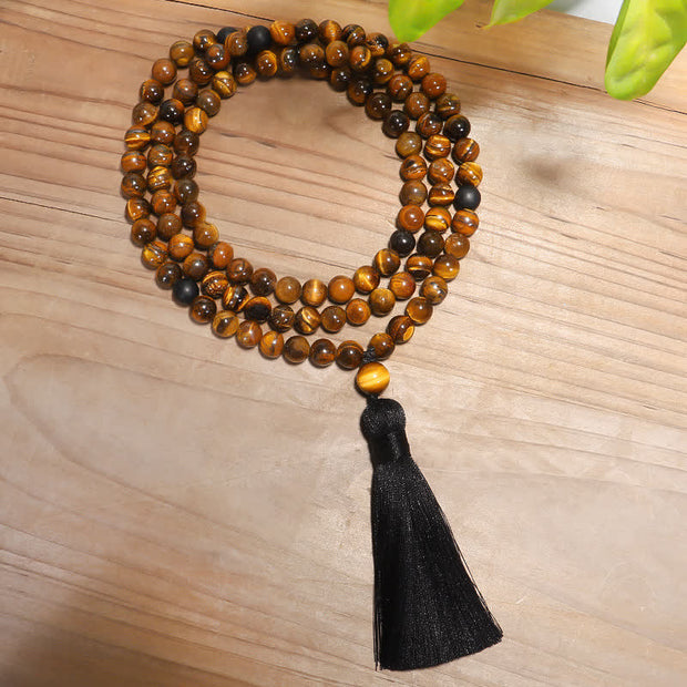 Buddha Stones 108 Beads Mala Tiger Eye Protection Tassel Bracelet