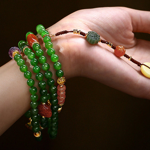 Buddha Stones 108 Mala Beads Cyan Jade Red Agate Laughing Buddha Luck Bracelet
