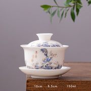 Buddha Stones White Porcelain Mountain Landscape Countryside Ceramic Gaiwan Teacup Kung Fu Tea Cup And Saucer With Lid Cup BS Round Cup-Koi Fish(8.5cm*10cm*150ml)