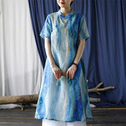Buddha Stones Ramie Blue Digital Printing Cheongsam Dresses Short Sleeve Linen Dress 9