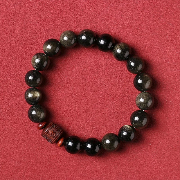 Buddha Stones Natural Gold Sheen Obsidian Rainbow Obsidian Om Mani Padme Hum Fu Character Healing Bracelet Bracelet BS 2