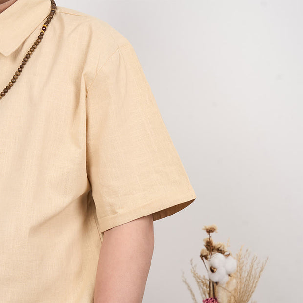 Buddha Stones Men's Short Sleeve Button Casual Cotton Linen Shirt Men's Shirts BS 7