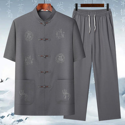 Buddha Stones Fu Character Good Fortune Embroidery Tang Suit Traditional Uniform Short Sleeve Top Pants Clothing Men's Set