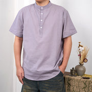 Buddha Stones Men's Plain Color Short Sleeve Half Button Cotton Linen Shirt Men's Shirts BS DarkGray 3XL(Fit for US/UK/AU44; EU54)