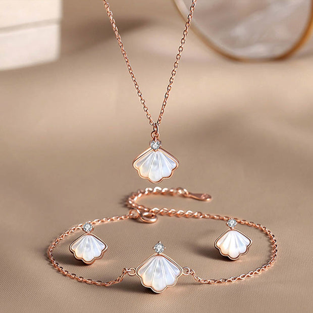 Buddha Stones 925 Sterling Silver Tridacna Stone Shell Blessing Necklace Pendant Bracelet Earrings Jewelry Set Bracelet Necklaces & Pendants BS Rose Gold 3Pcs(Necklace Bracelet&Earrings)
