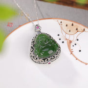 Buddha Stones 925 Sterling Silver Natural Hetian Cyan Jade Laughing Buddha Auspicious Clouds Success Necklace Pendant Ring Set