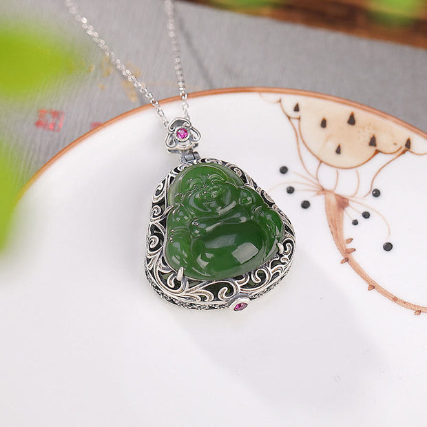 Buddha Stones 925 Sterling Silver Natural Hetian Cyan Jade Laughing Buddha Auspicious Clouds Success Necklace Pendant Ring Set Bracelet Necklaces & Pendants BS Necklace