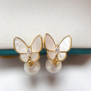 Buddha Stones 925 Sterling Silver Posts 18K Gold Plated Copper Pearl Butterfly Optimism Stud Earrings