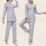 Buddha Stones Zen Practice Yoga Meditation Prayer V-neck Design Uniform Cotton Linen Clothing Women's Set Clothes BS 6