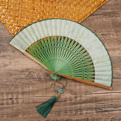 Buddha Stones Green Leaves Handheld Silk Bamboo Folding Fan 1