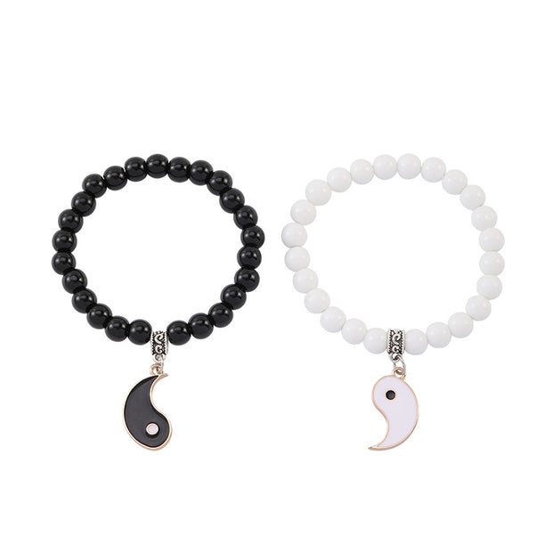 Buddha Stones 2Pcs Black Onyx White Turquoise Bead Yin Yang Protection Couple Bracelet Bracelet BS Gold Yin Yang