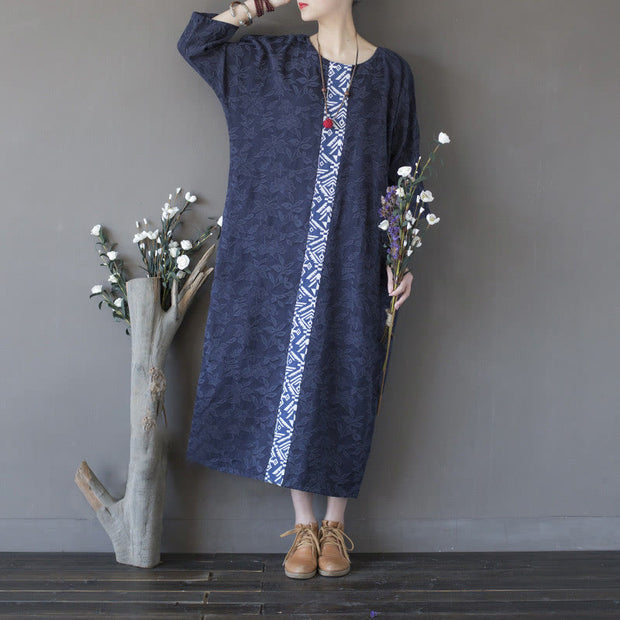 Buddha Stones Blue Flowers Embroidery Jacquard Midi Dress Three Quarter Sleeve Cotton Dress With Pockets 19