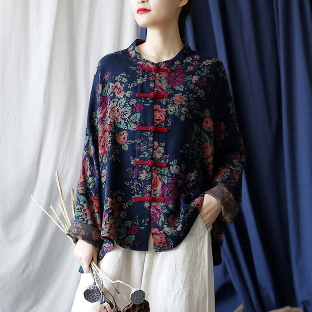 Buddha Stones Red Flowers Green Leaves Print Frog-button Design Long Sleeve Cotton Linen Jacket Shirt