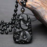 Buddha Stones Black Obsidian Koi Fish Engraved Strength Beaded Necklace Pendant Necklaces & Pendants BS 7
